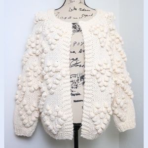 Chicwish Women's Size Large Ivory Wool Blend Pom Pom Open Cardigan Sweater